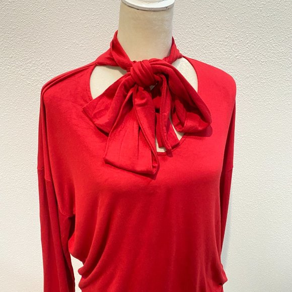 CAbi Red Blouse Long Sleeve Sweater Neck Tie Medium Holiday Rayon - Picture 7 of 10